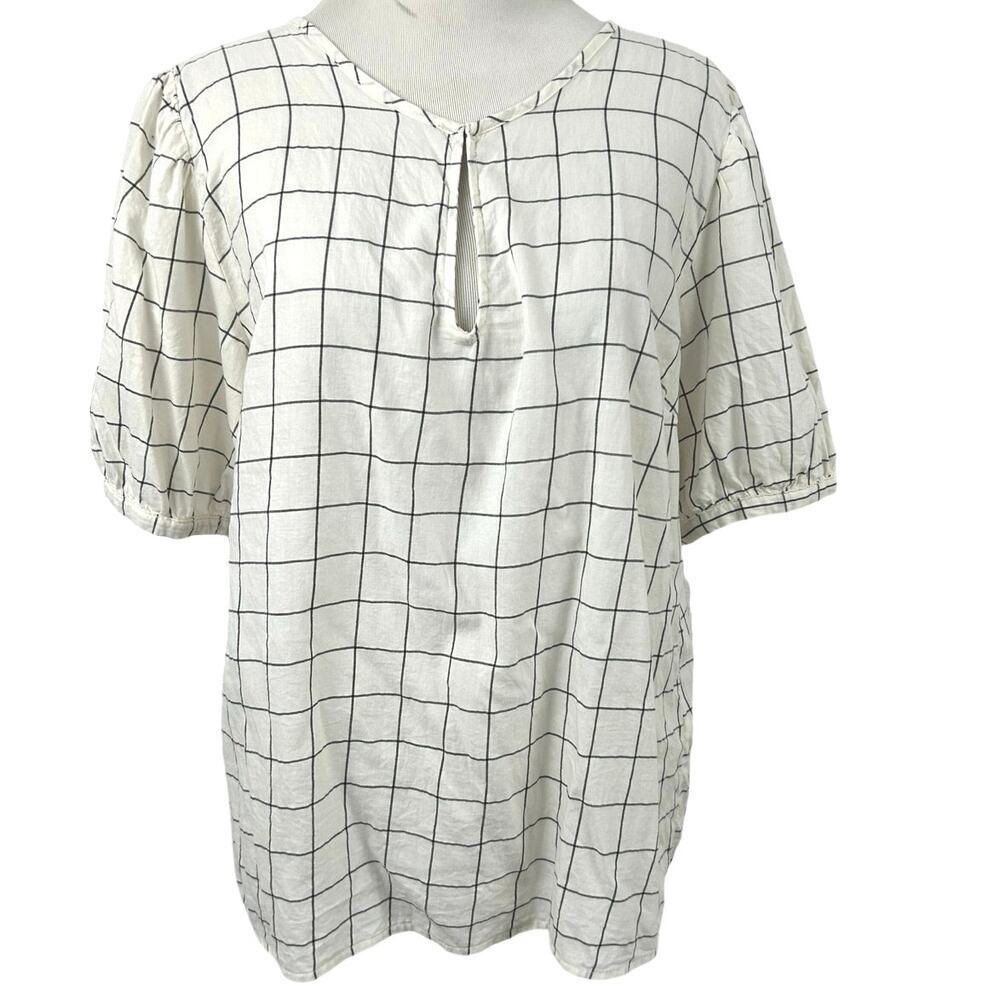 Old Navy Windowpane Grid Blouse Ivory Black Puff Sleeve Keyhole Top M